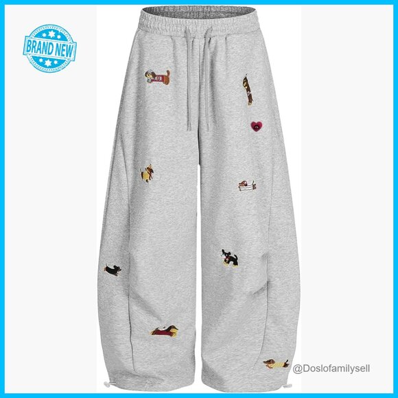Embroidery Puppy Baggy Barrel Sweatpants Y2K Streetwear Elastic Drawstring Wide